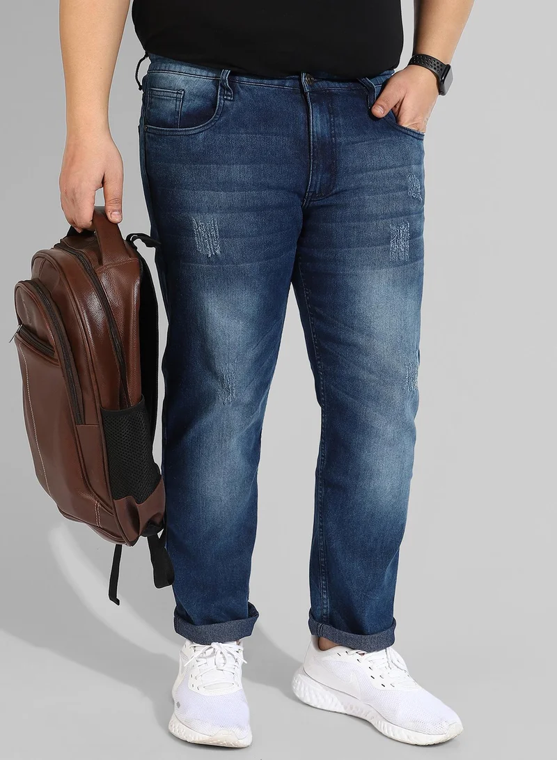 انستافاب بلس Men’s Classic Blue Medium-Washed Distressed Patterned Regular Fit Denim Jeans | Premium Stretchable Cotton Mid-Rise Crafted With Comfort Fit and High Performance For Everyday Wear